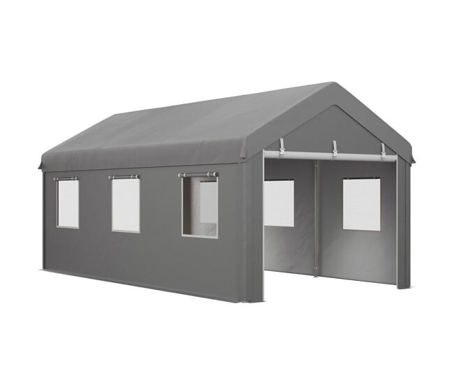 Outsunny carpa garaje portátil 6x3 m, garaje exterior para coche impermeable con paredes laterales desmontables, 2 puertas enrollables y 6 ventanas, cobertizo de almacenamiento anti-uv, gris claro