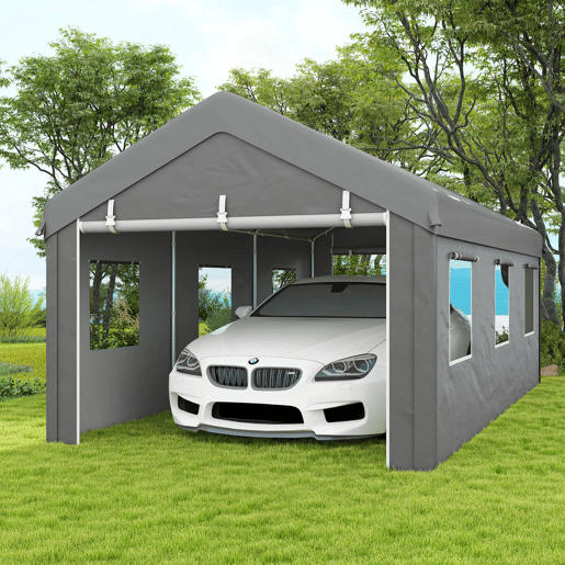 Outsunny Tenda Garagem 295x600x278 cm Tenda de Exterior Resistente com 2 Portas Enroláveis e 6 Janelas Tenda para Carro Barco e Ferramentas de Jardim Cinzento