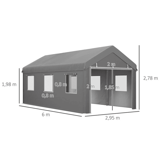 Outsunny Tenda Garagem 295x600x278 cm Tenda de Exterior Resistente com 2 Portas Enroláveis e 6 Janelas Tenda para Carro Barco e Ferramentas de Jardim Cinzento