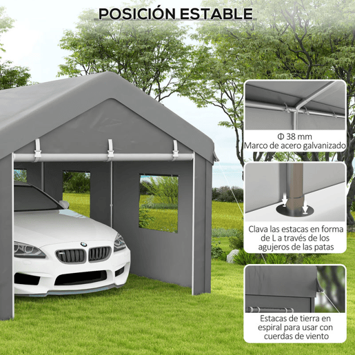 Outsunny Tenda Garagem 295x600x278 cm Tenda de Exterior Resistente com 2 Portas Enroláveis e 6 Janelas Tenda para Carro Barco e Ferramentas de Jardim Cinzento