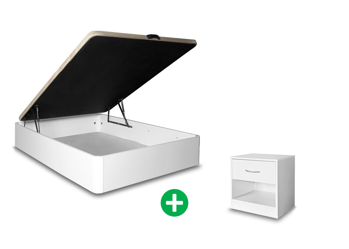 Pack cama canape abatible blanco 105x190 cm + mesita de noche 1 cajon blanco
