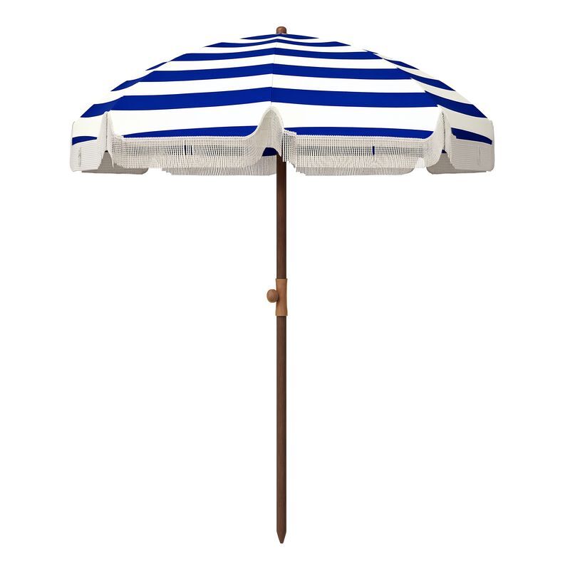 Outsunny sombrilla de playa grande con flecos ø190 cm sombrilla de terraza exterior con protección uv40+ antiviento impermeable mástil de ø32 mm y bolsa de transporte azul y blanco