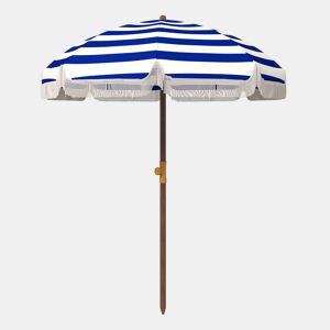 Outsunny Chapéu de Sol de Praia Grande com Franjas Ø190 cm Chapéu de Terraço Exterior com Proteção UV40+ Resistente ao Vento Impermeável Mastro Ø32 mm e Bolsa de Transporte Azul e Branco