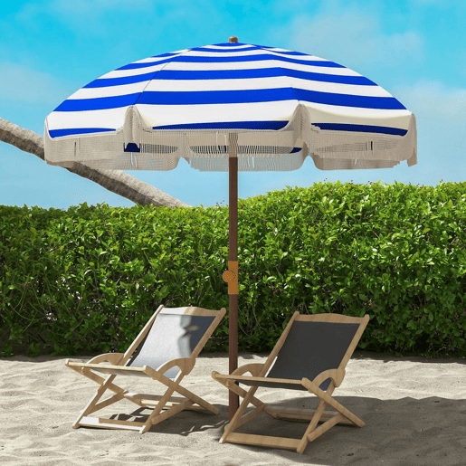 Outsunny Chapéu de Sol de Praia Grande com Franjas Ø190 cm Chapéu de Terraço Exterior com Proteção UV40+ Resistente ao Vento Impermeável Mastro Ø32 mm e Bolsa de Transporte Azul e Branco