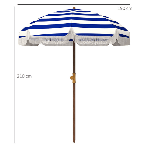 Outsunny Chapéu de Sol de Praia Grande com Franjas Ø190 cm Chapéu de Terraço Exterior com Proteção UV40+ Resistente ao Vento Impermeável Mastro Ø32 mm e Bolsa de Transporte Azul e Branco