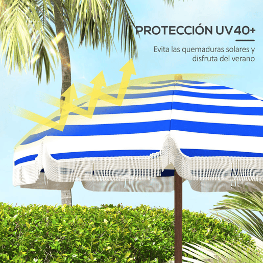 Outsunny Chapéu de Sol de Praia Grande com Franjas Ø190 cm Chapéu de Terraço Exterior com Proteção UV40+ Resistente ao Vento Impermeável Mastro Ø32 mm e Bolsa de Transporte Azul e Branco
