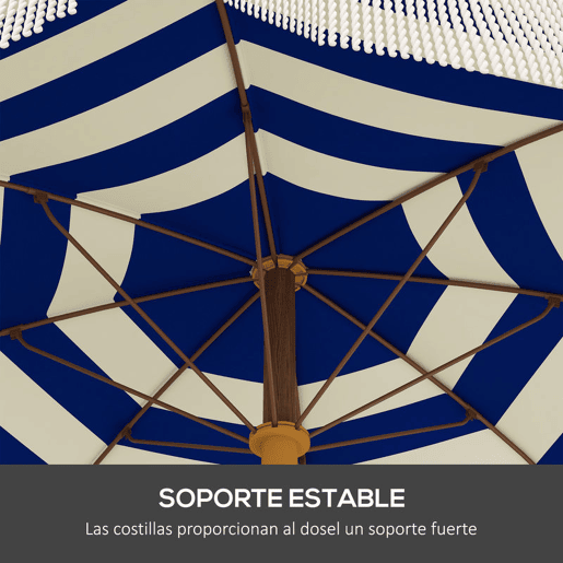 Outsunny Chapéu de Sol de Praia Grande com Franjas Ø190 cm Chapéu de Terraço Exterior com Proteção UV40+ Resistente ao Vento Impermeável Mastro Ø32 mm e Bolsa de Transporte Azul e Branco