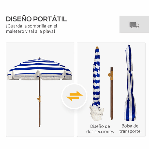 Outsunny Chapéu de Sol de Praia Grande com Franjas Ø190 cm Chapéu de Terraço Exterior com Proteção UV40+ Resistente ao Vento Impermeável Mastro Ø32 mm e Bolsa de Transporte Azul e Branco
