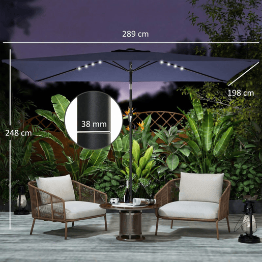 Outsunny Chapéu de Sol para Terraço 2,9 x 2,5 m com Luzes LED Solares, Cobertura Inclinável e Poste Metálico, Azul Escuro