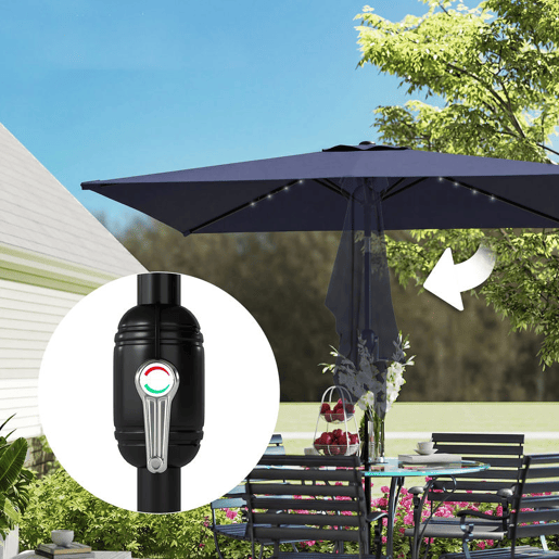 Outsunny Chapéu de Sol para Terraço 2,9 x 2,5 m com Luzes LED Solares, Cobertura Inclinável e Poste Metálico, Azul Escuro