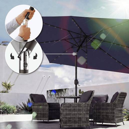 Outsunny Chapéu de Sol para Terraço 2,9 x 2,5 m com Luzes LED Solares, Cobertura Inclinável e Poste Metálico, Azul Escuro