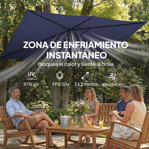 Outsunny Chapéu de Sol para Terraço 2,9 x 2,5 m com Luzes LED Solares, Cobertura Inclinável e Poste Metálico, Azul Escuro
