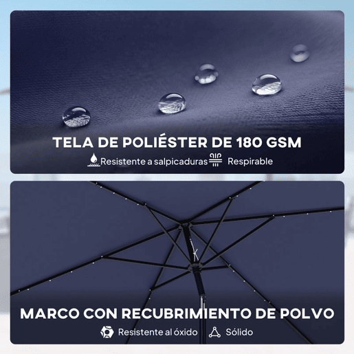 Outsunny Chapéu de Sol para Terraço 2,9 x 2,5 m com Luzes LED Solares, Cobertura Inclinável e Poste Metálico, Azul Escuro