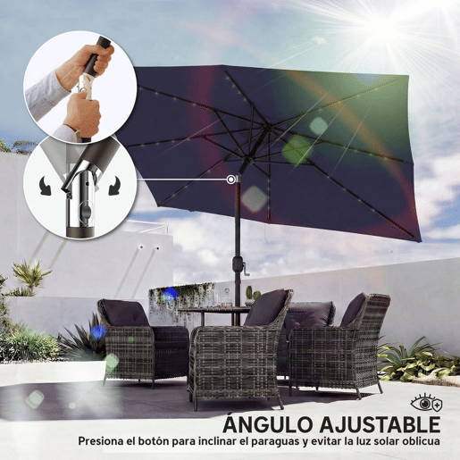 Outsunny Chapéu de Sol para Terraço 2,9 x 2,5 m com Luzes LED Solares, Cobertura Inclinável e Poste Metálico, Azul Escuro