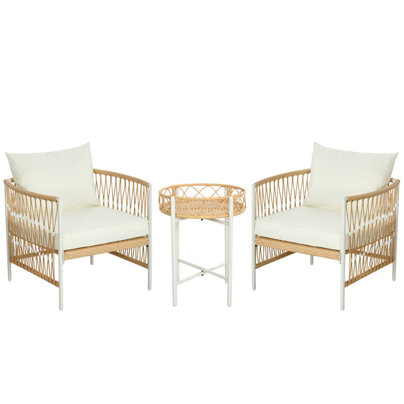 Outsunny conjunto jardín exterior de 3 piezas, muebles de jardín con 2 sillas, mesa de ratán, cojines acolchados, fundas extraíbles y marco de acero, resistente a la intemperie, para balcón, crema