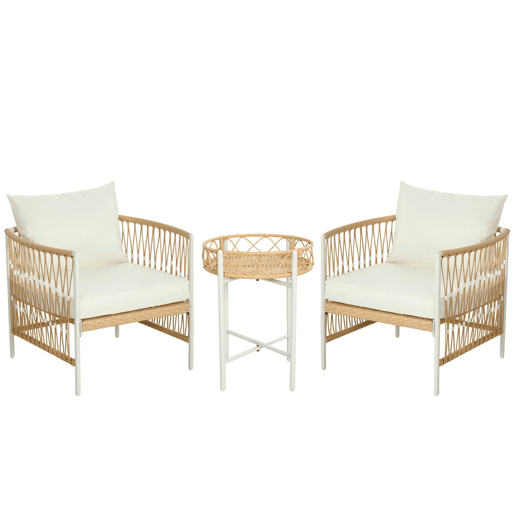 Outsunny Conjunto de Jardim Exterior de 3 Peças Móveis de Jardim com 2 Cadeiras Mesa de Vime Almofadas Acolchoadas Capas Removíveis e Estrutura de Aço Resistente às Intempéries para Varanda Creme
