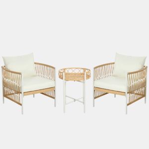 Outsunny Conjunto de Jardim Exterior de 3 Peças Móveis de Jardim com 2 Cadeiras Mesa de Vime Almofadas Acolchoadas Capas Removíveis e Estrutura de Aço Resistente às Intempéries para Varanda Creme