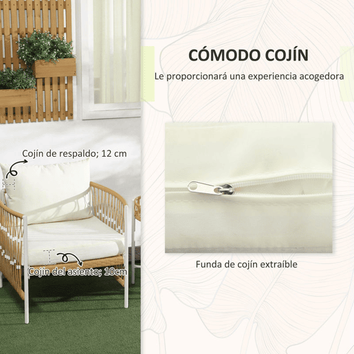 Outsunny Conjunto de Jardim Exterior de 3 Peças Móveis de Jardim com 2 Cadeiras Mesa de Vime Almofadas Acolchoadas Capas Removíveis e Estrutura de Aço Resistente às Intempéries para Varanda Creme