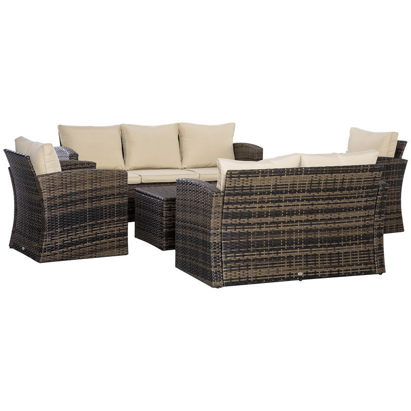Outsunny conjunto de jardín exterior de ratán, conjunto terraza, muebles jardín exterior 6 piezas incluye cojines, sofá doble, sofá 3 plazas, 2 sillones, 2 mesas auxiliares con almacenamiento, caqui