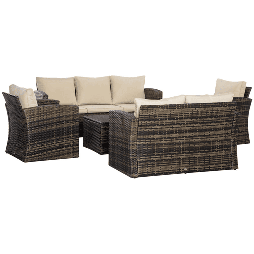 Outsunny Conjunto de Jardim Exterior de Vime Conjunto de Terraço Móveis de Jardim Exterior 6 Peças com Almofadas Sofá de Dois Lugares Sofá de Três Lugares 2 Cadeiras 2 Mesas Auxiliares com Arrumação Caqui