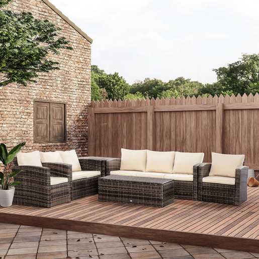 Outsunny Conjunto de Jardim Exterior de Vime Conjunto de Terraço Móveis de Jardim Exterior 6 Peças com Almofadas Sofá de Dois Lugares Sofá de Três Lugares 2 Cadeiras 2 Mesas Auxiliares com Arrumação Caqui