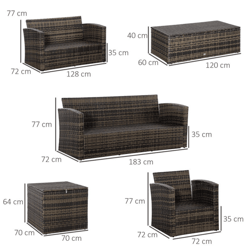 Outsunny Conjunto de Jardim Exterior de Vime Conjunto de Terraço Móveis de Jardim Exterior 6 Peças com Almofadas Sofá de Dois Lugares Sofá de Três Lugares 2 Cadeiras 2 Mesas Auxiliares com Arrumação Caqui
