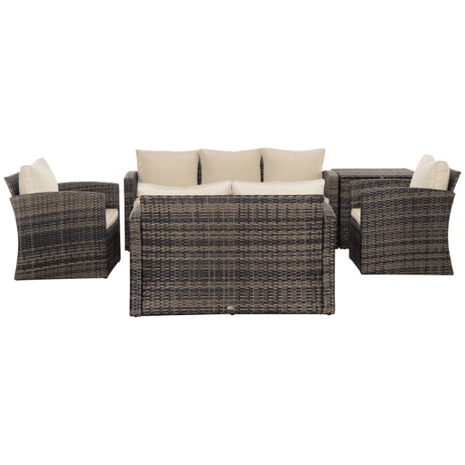 Outsunny Conjunto de Jardim Exterior de Vime Conjunto de Terraço Móveis de Jardim Exterior 6 Peças com Almofadas Sofá de Dois Lugares Sofá de Três Lugares 2 Cadeiras 2 Mesas Auxiliares com Arrumação Caqui