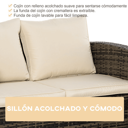 Outsunny Conjunto de Jardim Exterior de Vime Conjunto de Terraço Móveis de Jardim Exterior 6 Peças com Almofadas Sofá de Dois Lugares Sofá de Três Lugares 2 Cadeiras 2 Mesas Auxiliares com Arrumação Caqui
