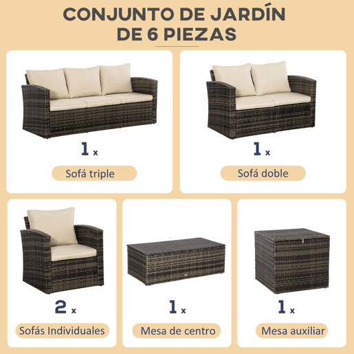 Outsunny Conjunto de Jardim Exterior de Vime Conjunto de Terraço Móveis de Jardim Exterior 6 Peças com Almofadas Sofá de Dois Lugares Sofá de Três Lugares 2 Cadeiras 2 Mesas Auxiliares com Arrumação Caqui