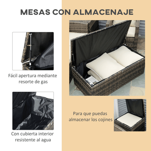 Outsunny Conjunto de Jardim Exterior de Vime Conjunto de Terraço Móveis de Jardim Exterior 6 Peças com Almofadas Sofá de Dois Lugares Sofá de Três Lugares 2 Cadeiras 2 Mesas Auxiliares com Arrumação Caqui