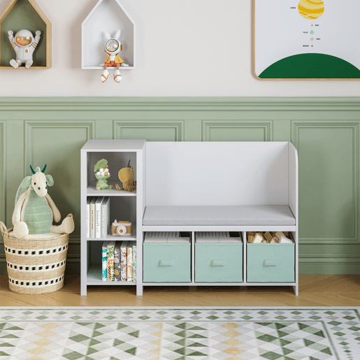 Estante de livros para crianças com banco Høylandet 76x112x40 cm - BrancoVerde en.casa