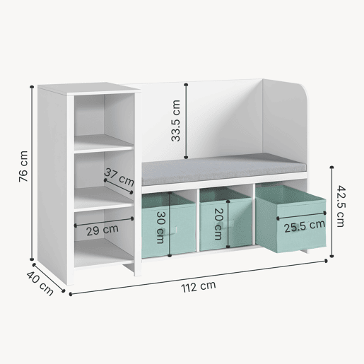 Estante de livros para crianças com banco Høylandet 76x112x40 cm - BrancoVerde en.casa