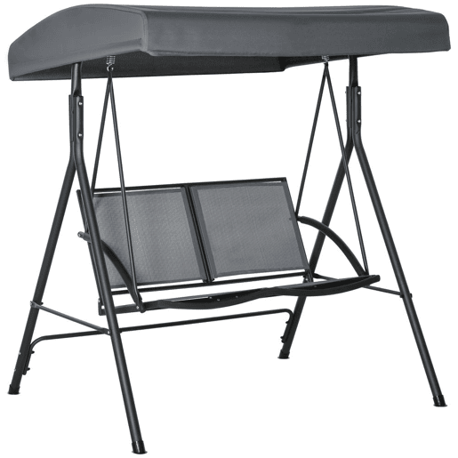 Outsunny Baloiço de Jardim Exterior para 2 Pessoas, Estrutura em Aço, Toldo Ajustável, Assentos de Textilene, Ideal para Varanda e Terraço, Capacidade 220 kg, 140x118x162 cm, Cinzento Escuro
