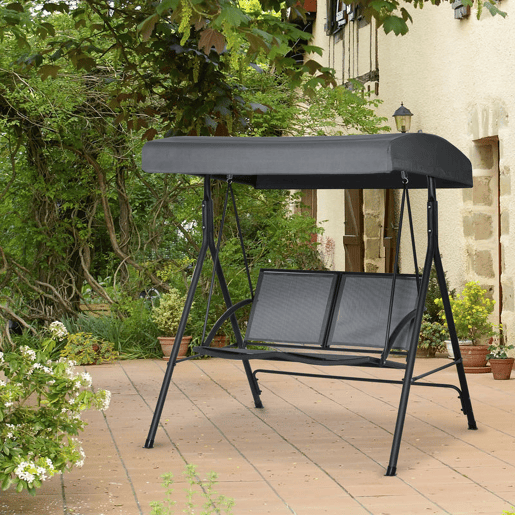 Outsunny Baloiço de Jardim Exterior para 2 Pessoas, Estrutura em Aço, Toldo Ajustável, Assentos de Textilene, Ideal para Varanda e Terraço, Capacidade 220 kg, 140x118x162 cm, Cinzento Escuro