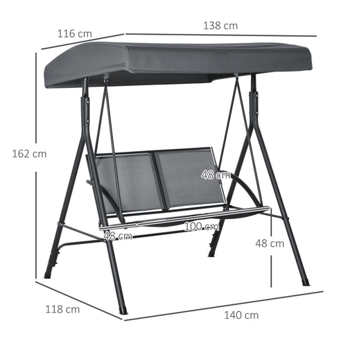 Outsunny Baloiço de Jardim Exterior para 2 Pessoas, Estrutura em Aço, Toldo Ajustável, Assentos de Textilene, Ideal para Varanda e Terraço, Capacidade 220 kg, 140x118x162 cm, Cinzento Escuro