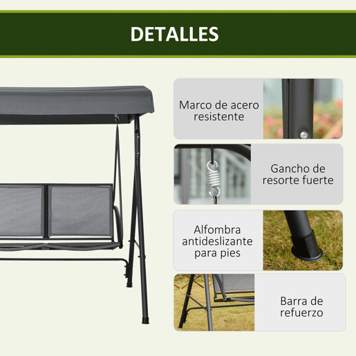 Outsunny Baloiço de Jardim Exterior para 2 Pessoas, Estrutura em Aço, Toldo Ajustável, Assentos de Textilene, Ideal para Varanda e Terraço, Capacidade 220 kg, 140x118x162 cm, Cinzento Escuro