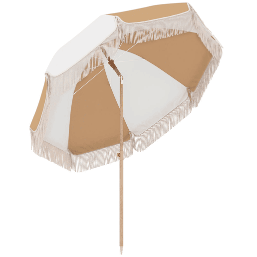 Outsunny Chapéu de Sol de Praia com Franjas Ø175 cm, Guarda-sol Exterior com Altura Ajustável, Inclinação de 30°, Fixação na Areia, UPF30+ e Saco de Transporte, Branco e Bege