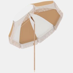 Outsunny Chapéu de Sol de Praia com Franjas Ø175 cm, Guarda-sol Exterior com Altura Ajustável, Inclinação de 30°, Fixação na Areia, UPF30+ e Saco de Transporte, Branco e Bege