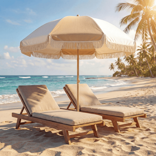 Outsunny Chapéu de Sol de Praia com Franjas Ø175 cm, Guarda-sol Exterior com Altura Ajustável, Inclinação de 30°, Fixação na Areia, UPF30+ e Saco de Transporte, Branco e Bege