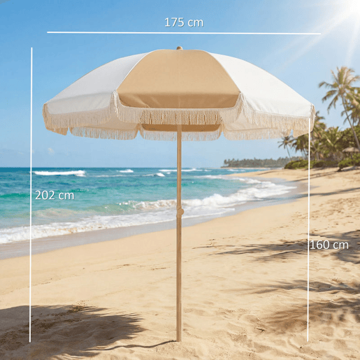 Outsunny Chapéu de Sol de Praia com Franjas Ø175 cm, Guarda-sol Exterior com Altura Ajustável, Inclinação de 30°, Fixação na Areia, UPF30+ e Saco de Transporte, Branco e Bege