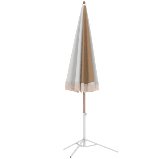 Outsunny Chapéu de Sol de Praia com Franjas Ø175 cm, Guarda-sol Exterior com Altura Ajustável, Inclinação de 30°, Fixação na Areia, UPF30+ e Saco de Transporte, Branco e Bege