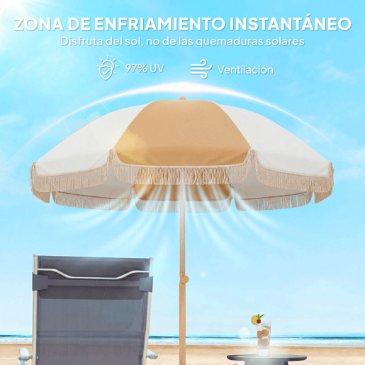 Outsunny Chapéu de Sol de Praia com Franjas Ø175 cm, Guarda-sol Exterior com Altura Ajustável, Inclinação de 30°, Fixação na Areia, UPF30+ e Saco de Transporte, Branco e Bege