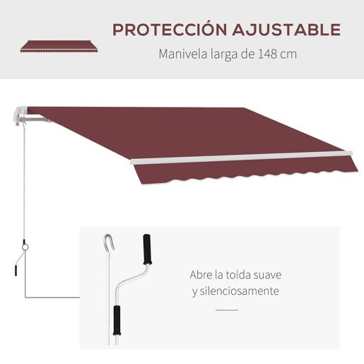 Outsunny Toldo Manual Retrátil 350x250 cm Toldo Exterior para Terraço com Ângulo Ajustável Manivela Estrutura de Alumínio e Proteção UV30+ para Jardim Pátio Janela Vinho Tinto