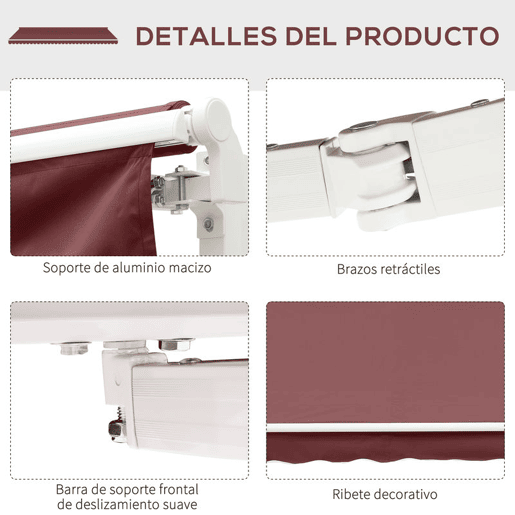 Outsunny Toldo Manual Retrátil 350x250 cm Toldo Exterior para Terraço com Ângulo Ajustável Manivela Estrutura de Alumínio e Proteção UV30+ para Jardim Pátio Janela Vinho Tinto