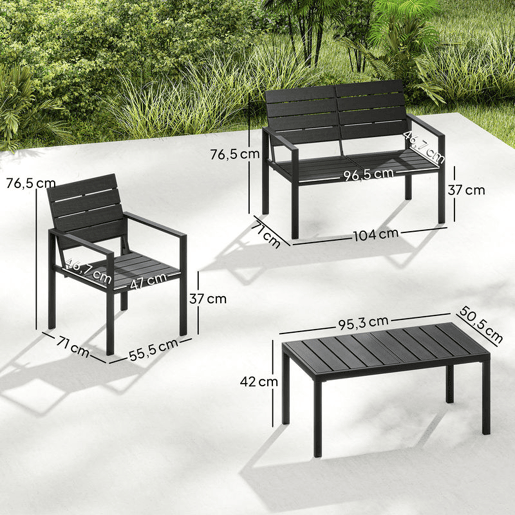 Outsunny Conjunto de Móveis de Jardim para 4 Pessoas - Sofá de 2 Lugares, 2 Cadeiras e Mesa de Centro - Estrutura Metálica - Preto