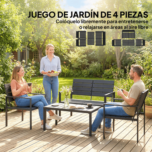 Outsunny Conjunto de Móveis de Jardim para 4 Pessoas - Sofá de 2 Lugares, 2 Cadeiras e Mesa de Centro - Estrutura Metálica - Preto