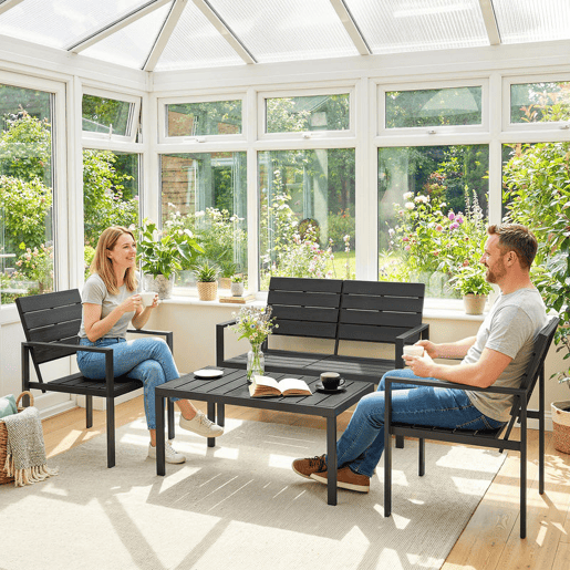 Outsunny Conjunto de Móveis de Jardim para 4 Pessoas - Sofá de 2 Lugares, 2 Cadeiras e Mesa de Centro - Estrutura Metálica - Preto