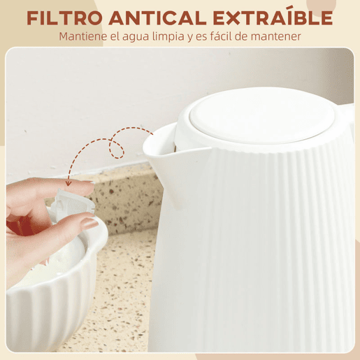 HOMCOM Jarro Elétrico 1,7 L, 2200 W, Aquecedor de Água com Desligamento Automático, Base Giratória 360°, Filtro Anticalcário Removível, Creme
