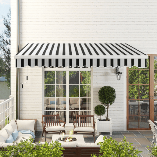 Outsunny Toldo Manual Retrátil 395x245 cm Toldo Exterior para Terraço com Ângulo Ajustável Braço Articulado Montagem na Parede Estrutura de Alumínio Anti-UV e Impermeável para Jardim Azul e Branco