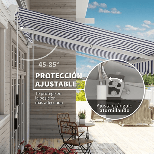 Outsunny Toldo Manual Retrátil 395x245 cm Toldo Exterior para Terraço com Ângulo Ajustável Braço Articulado Montagem na Parede Estrutura de Alumínio Anti-UV e Impermeável para Jardim Azul e Branco